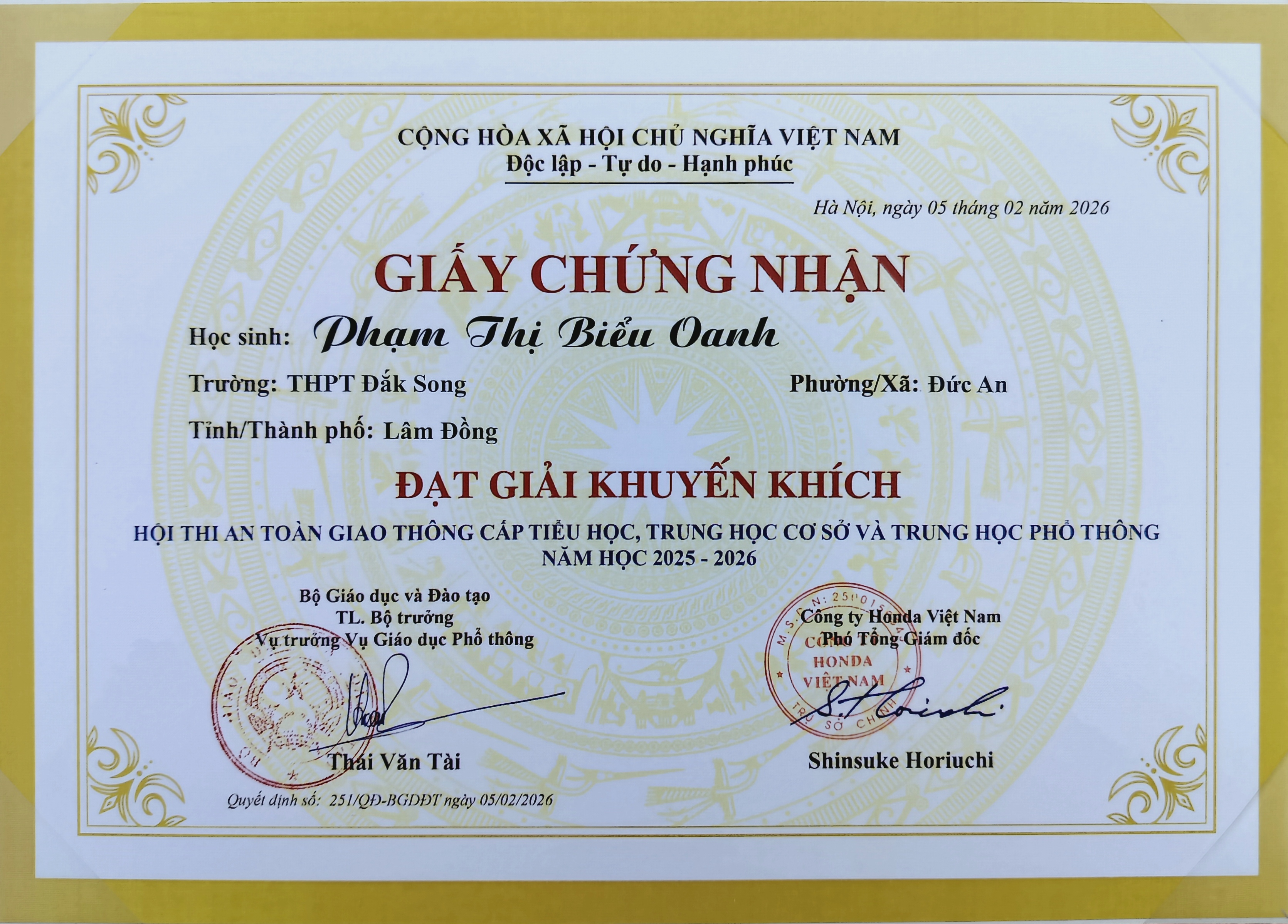 Học sinh THPT Đắk Song đạt giải Khuyến khích tại Hội thi An toàn giao thông cấp quốc gia